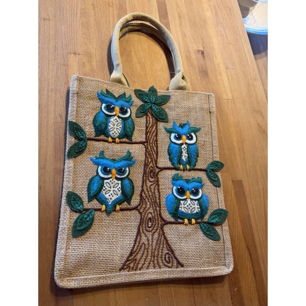 Tan Burlap Jute Tote Bag with Colorful Owls reusable shopping